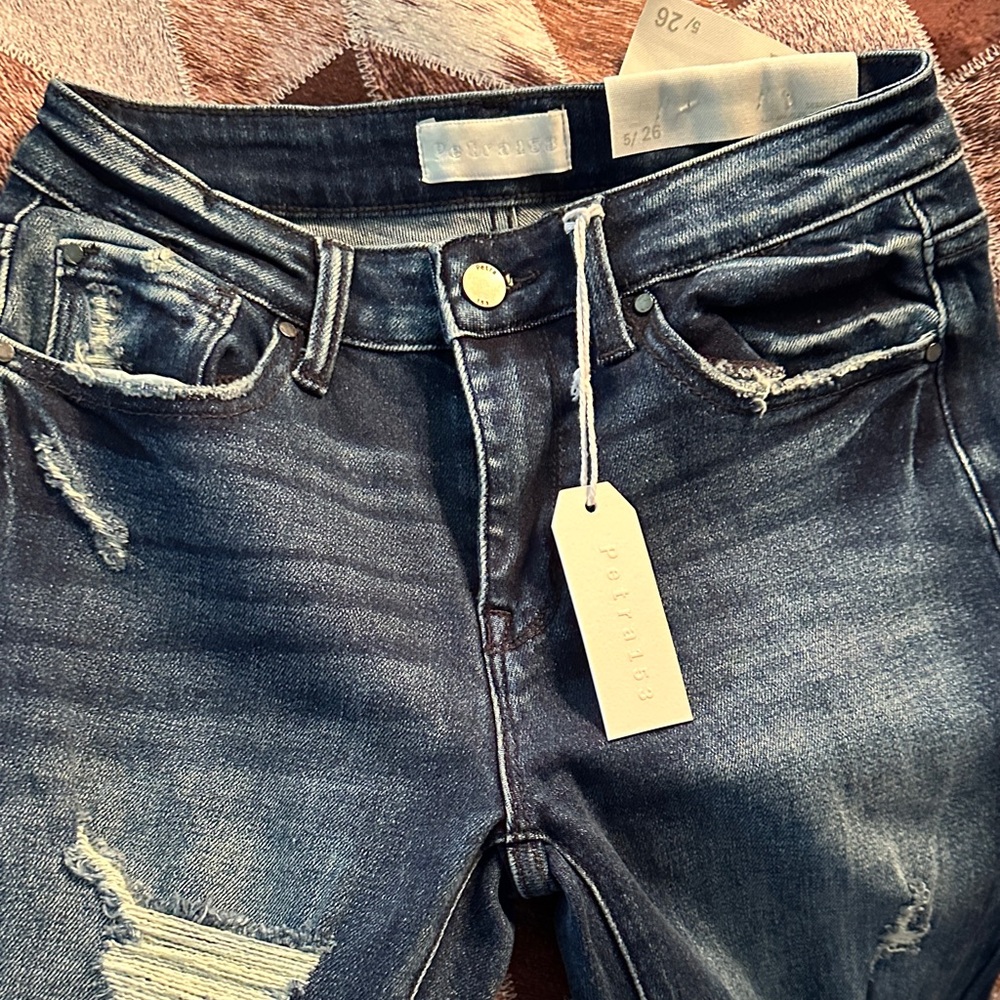 Petra Fashions Dark Blue Distressed Flare Jeans - Picture 2 of 5